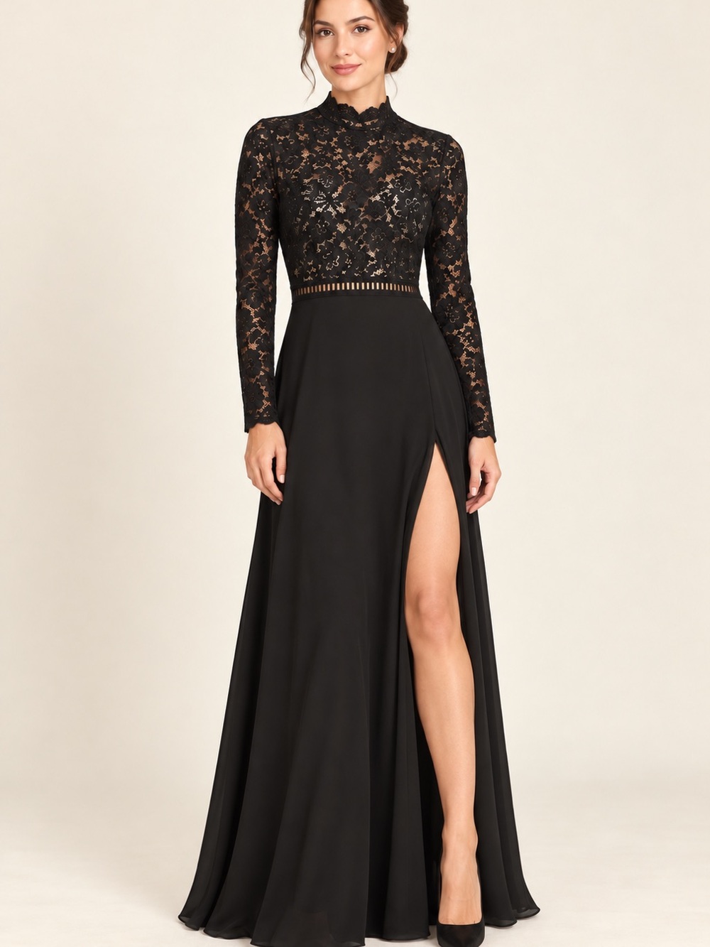 SHEIN Black Lace Long Sleeve Maxi Dress with High Slit